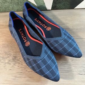 Retired Rothy’s Womens Indigo Blue Gingham the Point Flats 8 EUC Striped Heel!